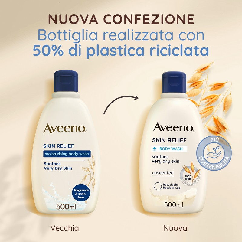 Aveeno Skin Relief Bagnodoccia Idratante per Pelle Molto Secca e Sensibile, Ipoallergenico, Bagnoschiuma Senza Profumo e Senza Sapone, Formula Vegana 500 ml