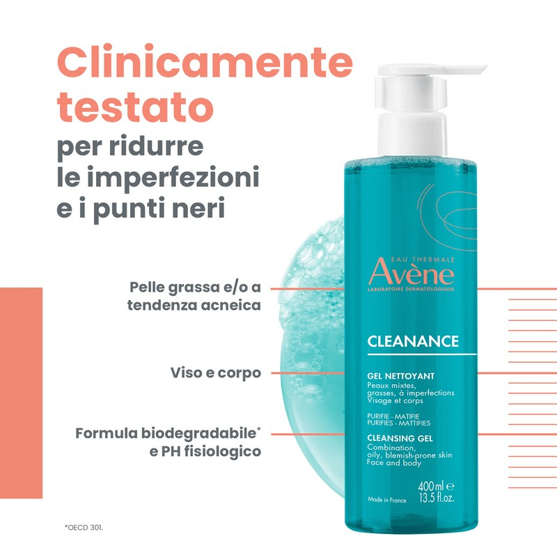 Eau Thermale Avène Cleanance Gel Detergente, pelle grassa a tendenza acneica, 400ml 
