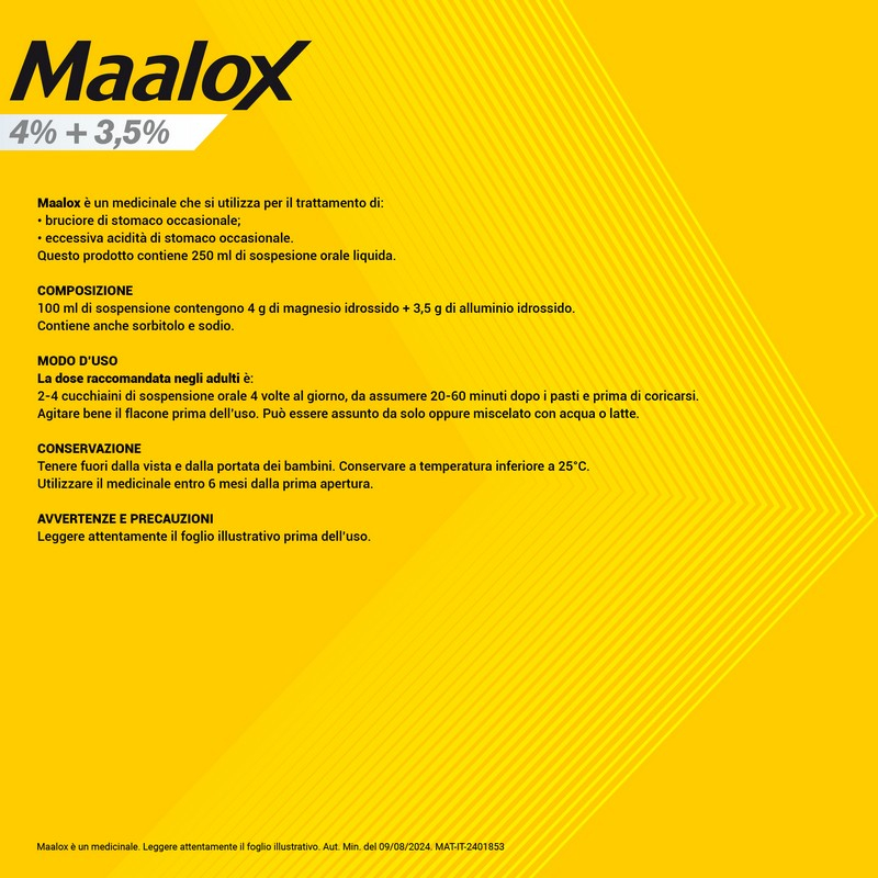 Maalox 400+400 sospensione orale, contro acidità di stomaco occasionale, 250 ml