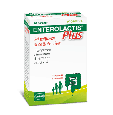 Enterolactis Plus Bustine, Integratore Alimentare con Fermenti lattici, probiotici L,Casei DG, 24 Miliardi Cellule Vive, Con Fruttosio, Senza Glutine e Lattosio, 10 Bustine da Sciogliere in Acqua