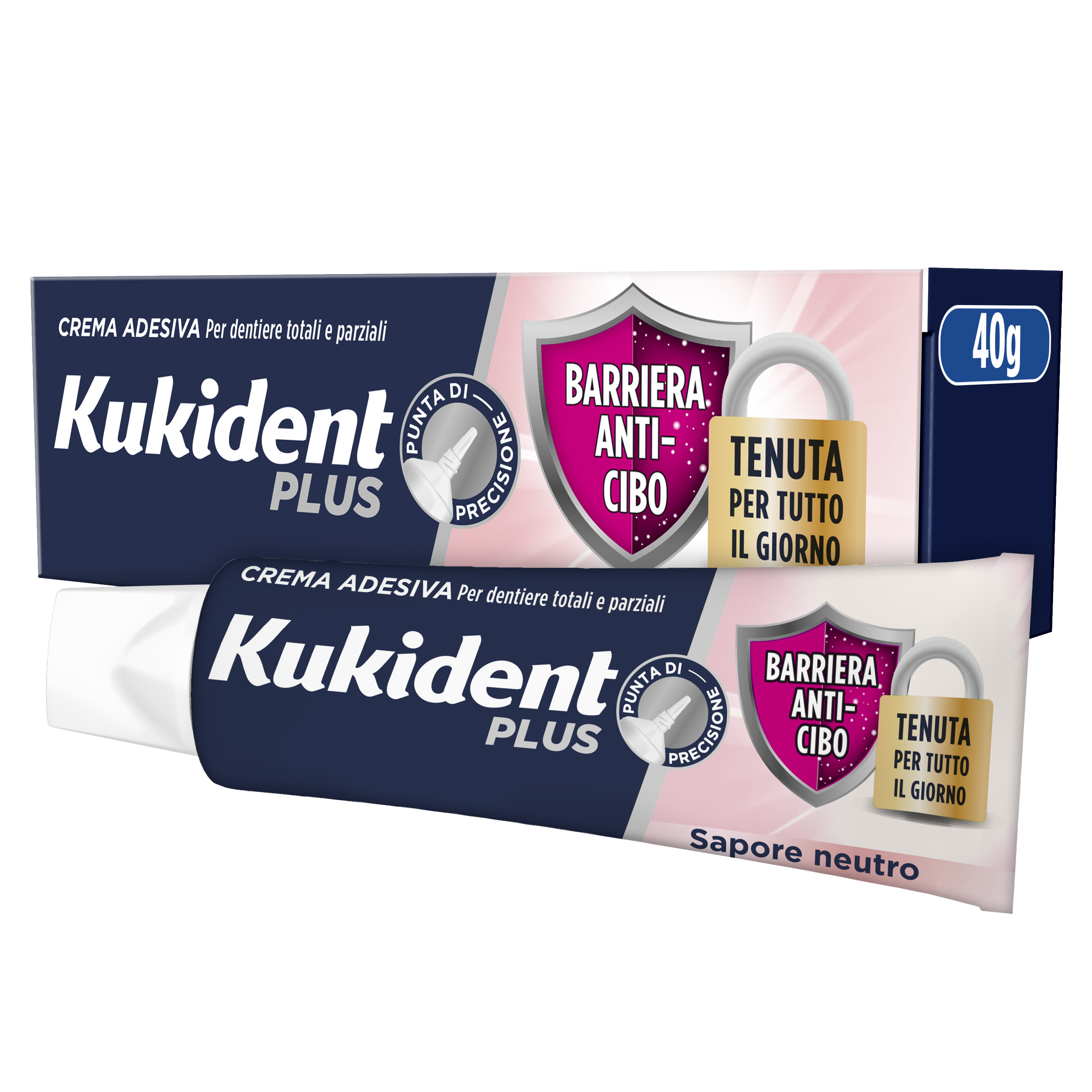 Kukident Plus Barriera Anti-cibo. Crema Adesiva Per Dentiere Totali e Parziali. Sapore Neutro 40g