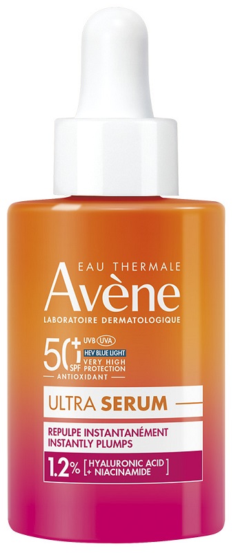 Eau Thermale Avène Ultra Siero SPF50+, Rimpolpa Immediatamente, Protezione solare viso molto alta, con Acido Ialuronico e Niacinamide, 30ml