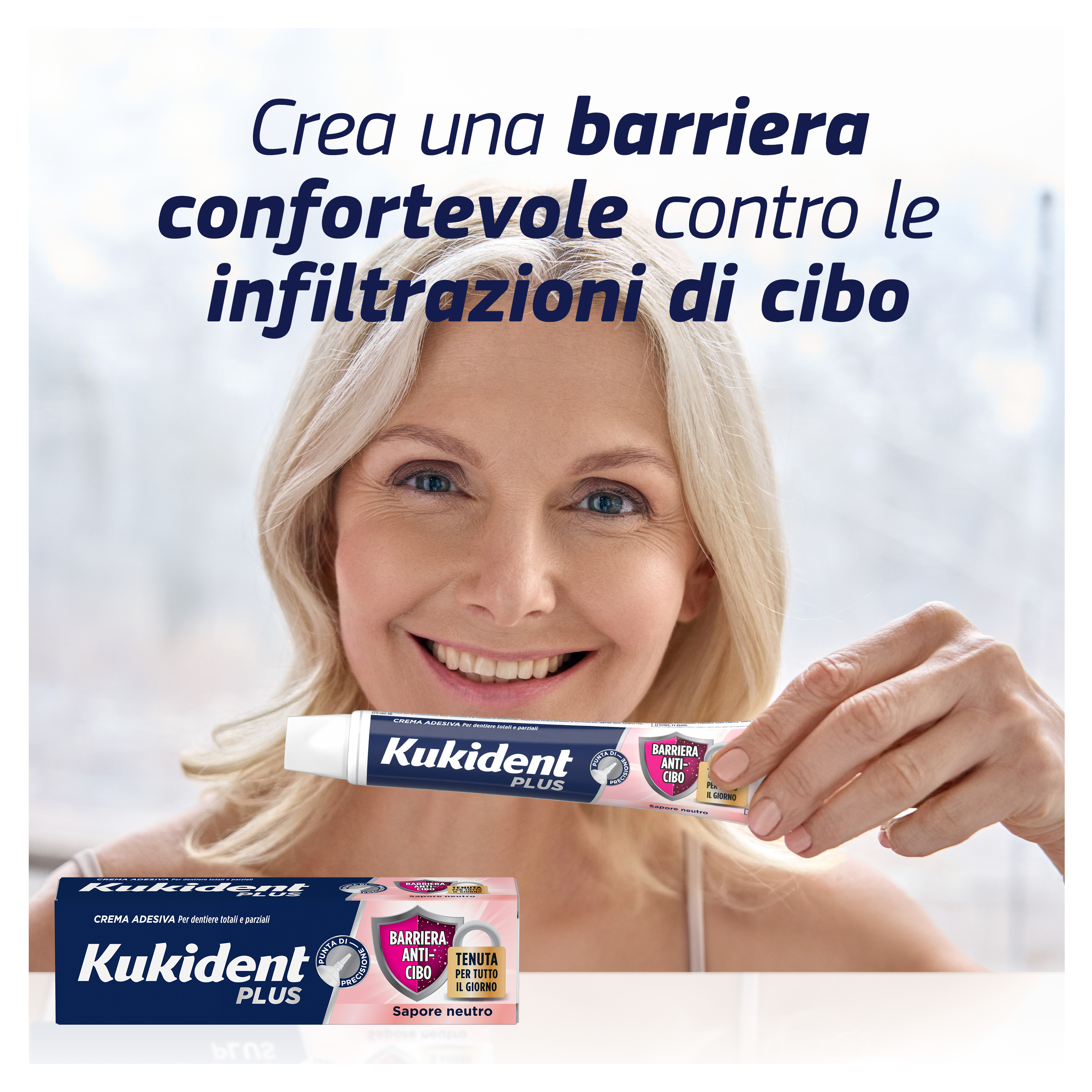 Kukident Plus Barriera Anti-cibo. Crema Adesiva Per Dentiere Totali e Parziali. Sapore Neutro 57 ml
