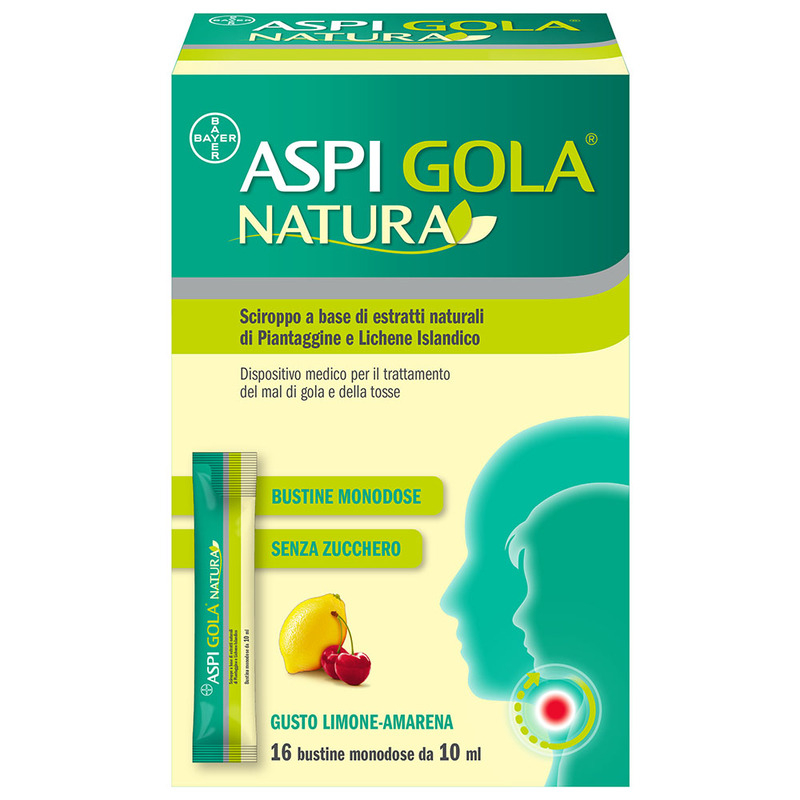 Aspi Gola Natura Sciroppo, con estratti naturali di piantaggine e Lichene Islandico, contro Mal di Gola e Tosse associata, Gusto Limone e Amarena, 16 Bustine Monodose da 10ml
