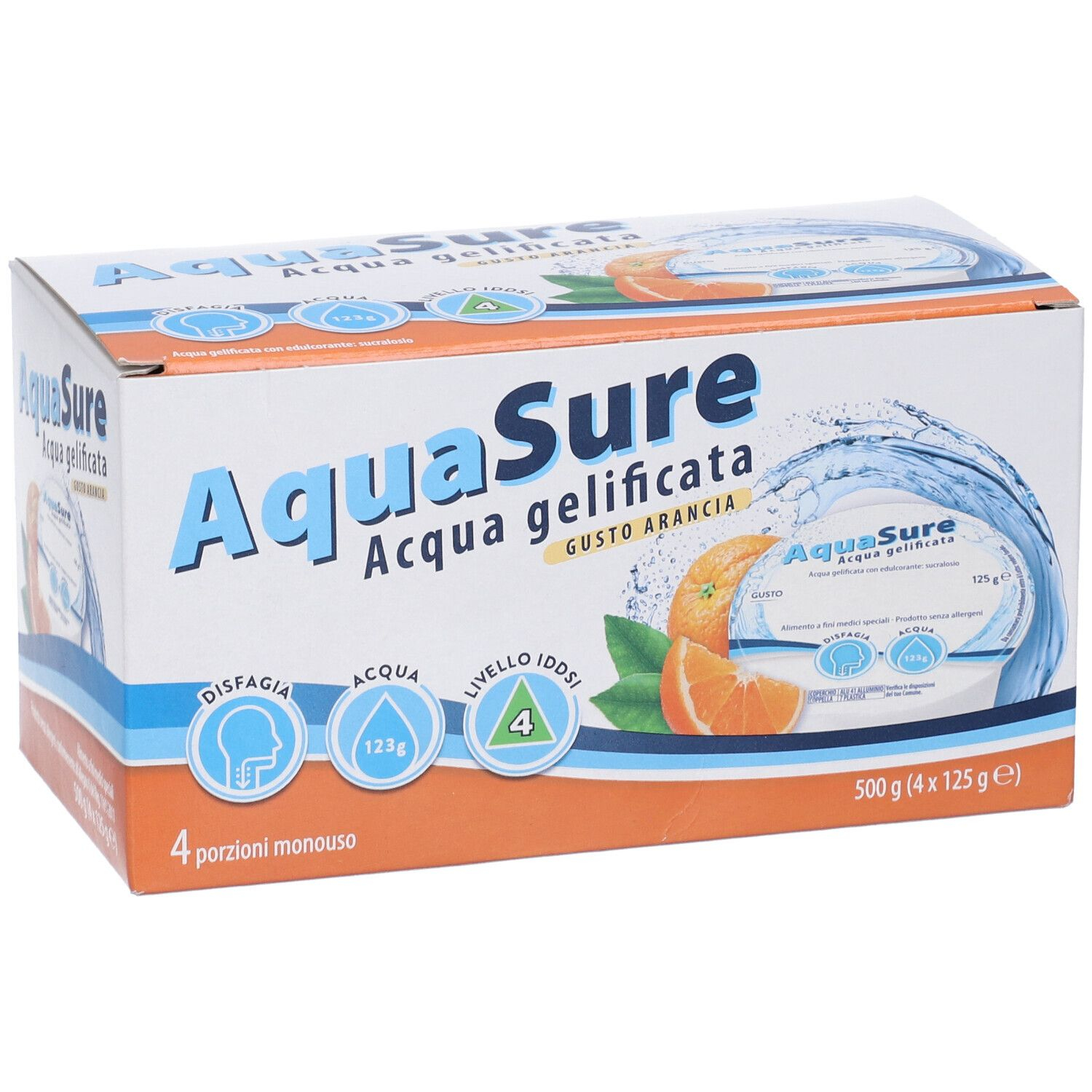 AquaSure Acqua Gelificata per il trattamento dietetico di soggetti affetti da disfagia e problemi della deglutizione 4x125 g