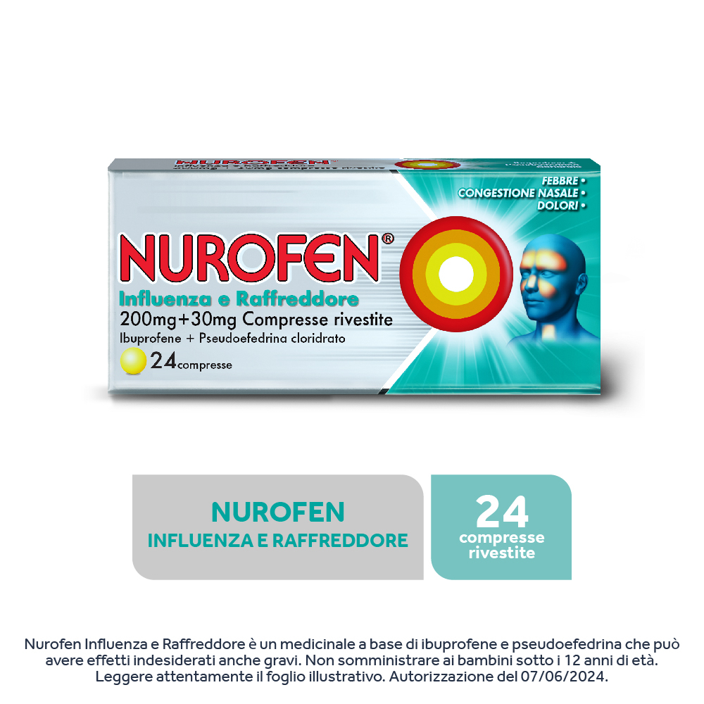 NUROFEN INFLUENZA E RAFFREDDORE 24 CPR antinfiammatorio e antidolorifico contro influenza, raffreddore, febbre e mal di testa