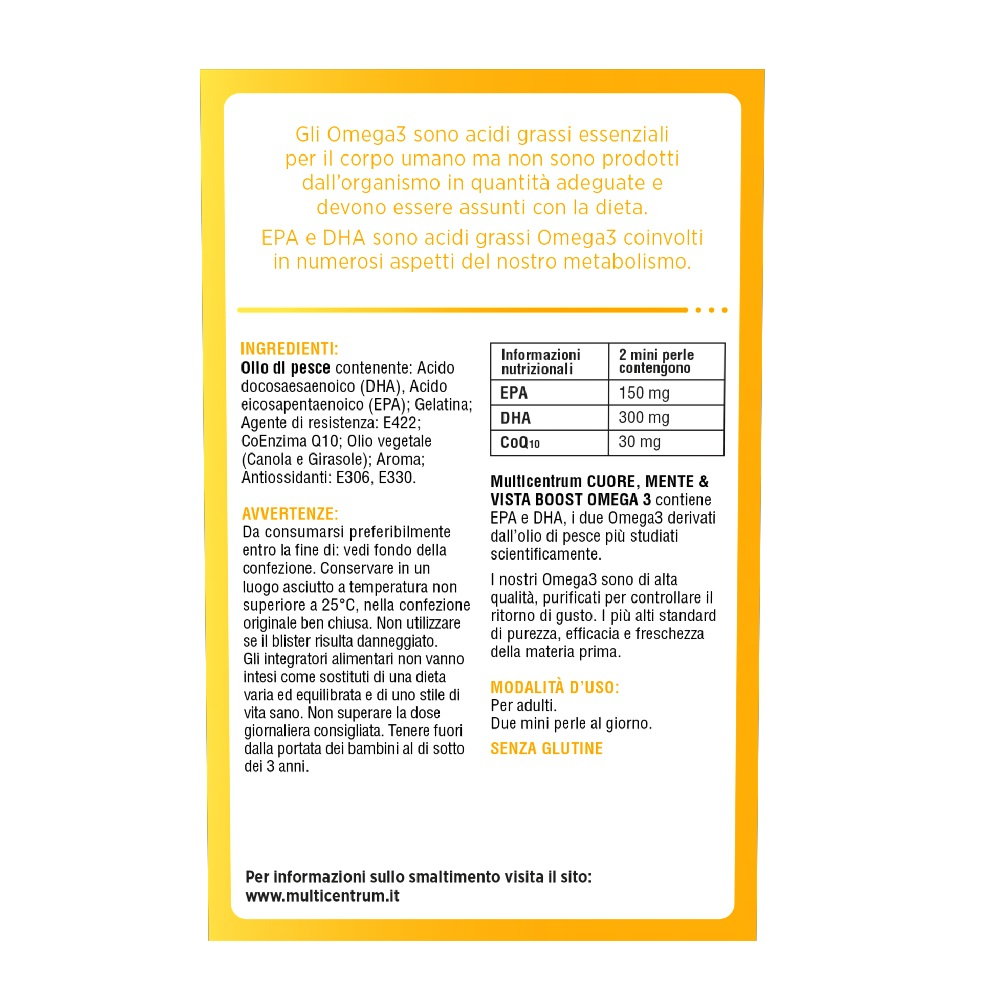 Multicentrum Cuore Mente Vista Boost Omega 3 Integratore Alimentare EPA e DHA Coenzima Q10 60 perle