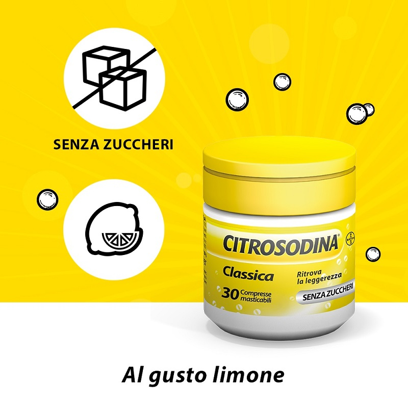 Citrosodina Masticabile, con Sodio Bicarbonato, Digestivo contro Pesantezza di Stomaco, Senza Zucchero, Gusto Limone, 30 Compresse 