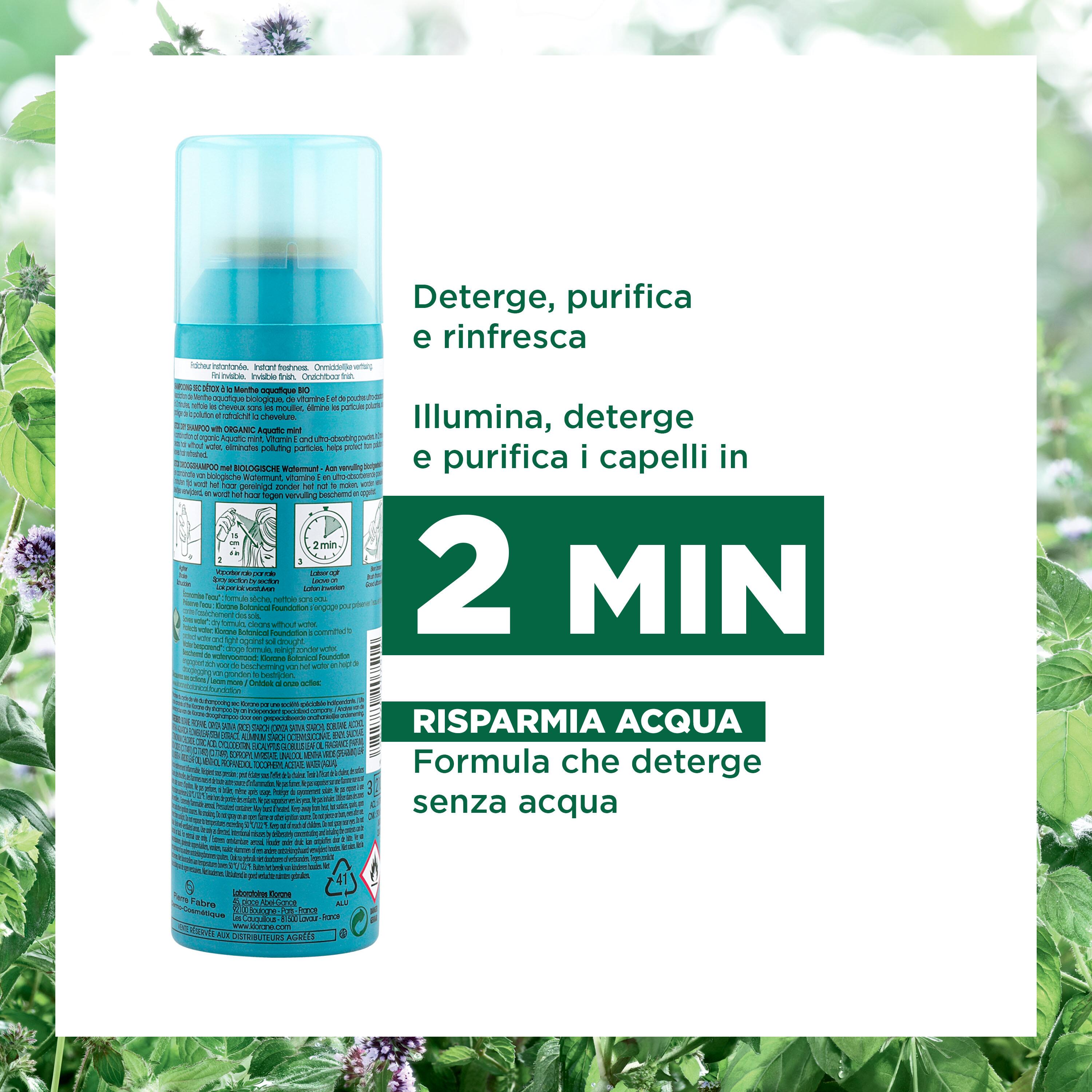 Klorane - Shampoo Secco Detox Alla Menta Acquatica Bio Per Tutti Tipi Di Capelli 150 ml
