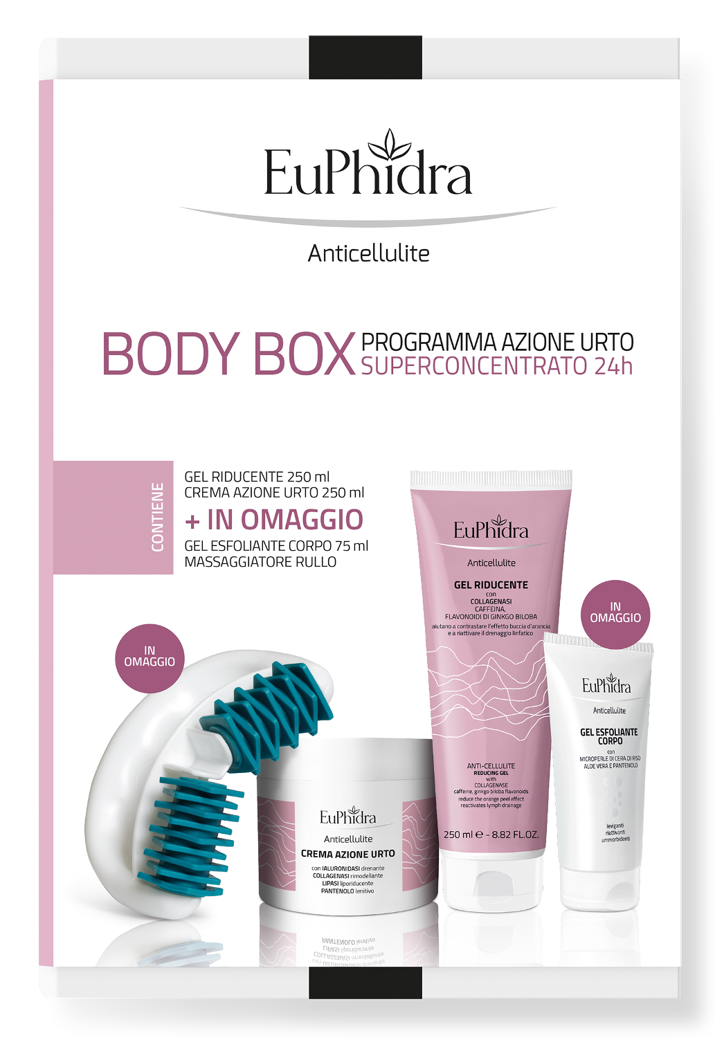 Euphidra BODY BOX AZIONE URTO ANTICELLULITE CELLULITE Programma Superconcentrato 24h Con massaggiatore rullo e gel esfoliante in omaggio
