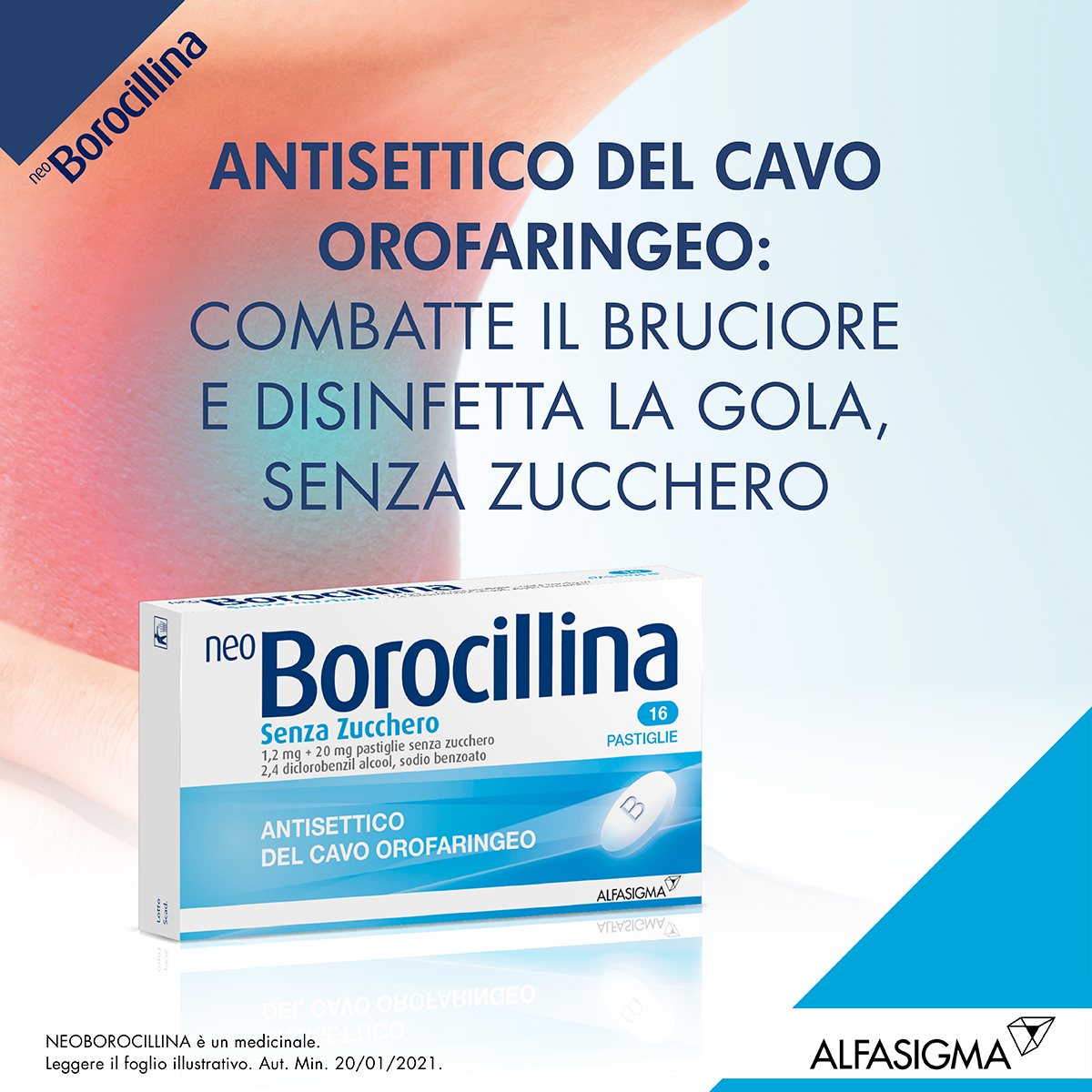 Neoborocillina Senza Zucchero 1,2mg + 20mg Antisettico 16 Pastiglie mal di gola