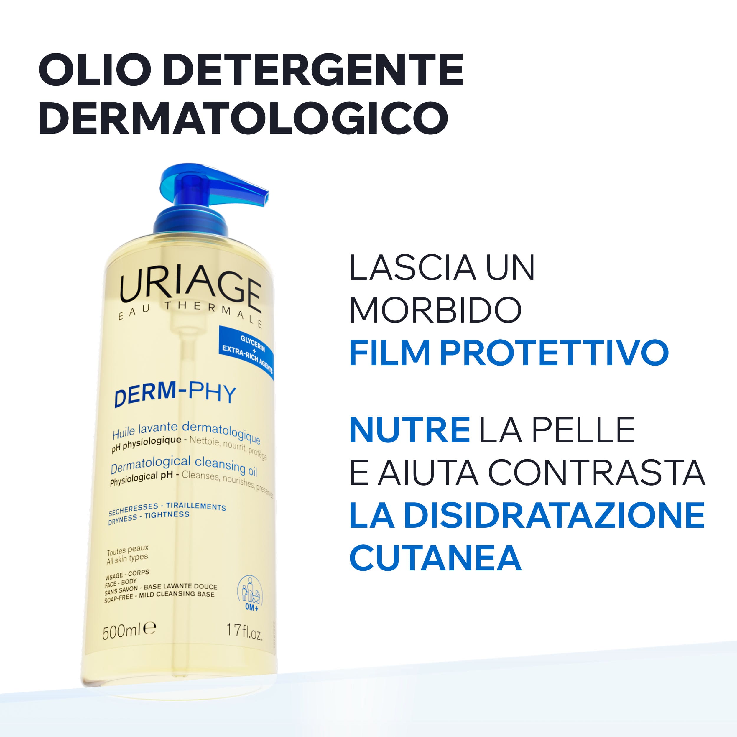 Uriage Derm-Phy - Olio Lavante Dermatologico Viso E Corpo Per Pelle Sensibile 500 ml