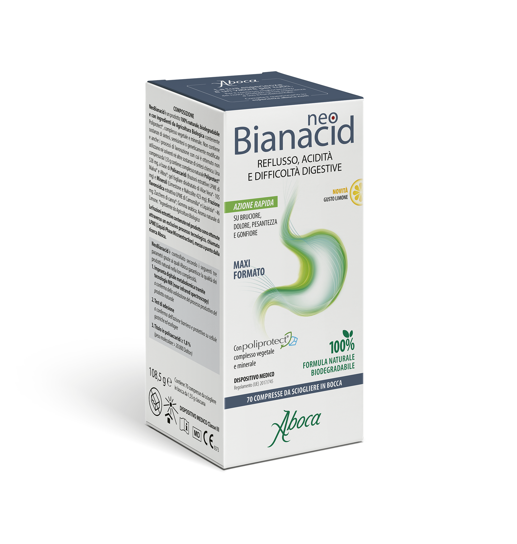 Aboca - NeoBianacid 70 Compresse Gusto Limone Per Reflusso, Acidità E Difficoltà Digestive - Dispositivo Medico Classe III