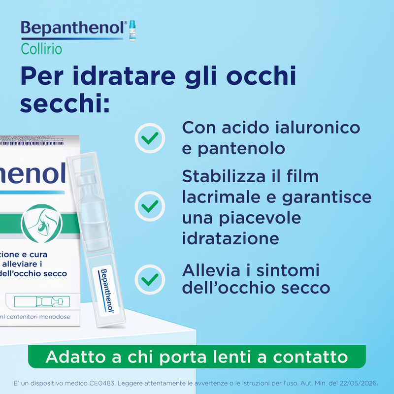 Bepanthenol Collirio 20 Fiale Da 0,5 ml - Trattamento Idratante Per Occhi Secchi