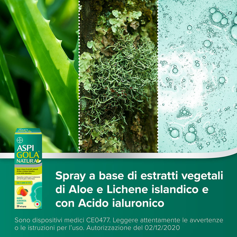 Aspi Gola Natura Spray, con estratti naturali di Aloe, Acido Ialuronico e Lichene Islandico, contro Mal di Gola e Tosse associata, Gusto Albicocca e Limone Flacone da 20ml