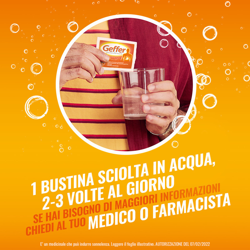 Geffer Granulato Effervescente, per Iperacidità, Dolore e Bruciore di stomaco,  favorisce la Digestione, contrasta Nausea, Gonfiore e Meteorismo, Gusto Arancia, 24 Bustine