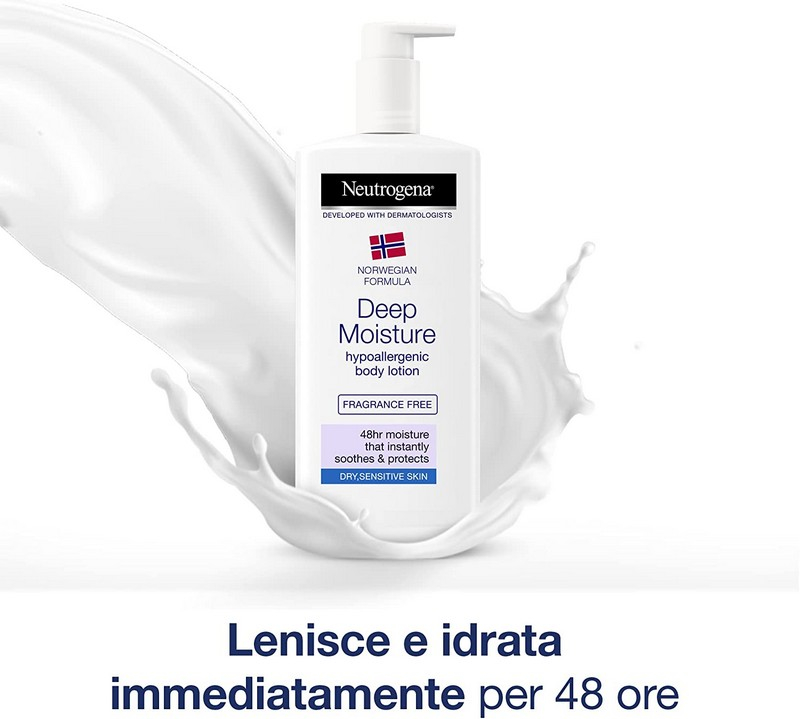 Neutrogena Formula Norvegese Deep Moisture Crema Corpo Fluida Ipoallergenica, Crema idratante corpo con Glicerina e senza profumo, Crema corpo idratante pelle secca e sensibile, 400 ml