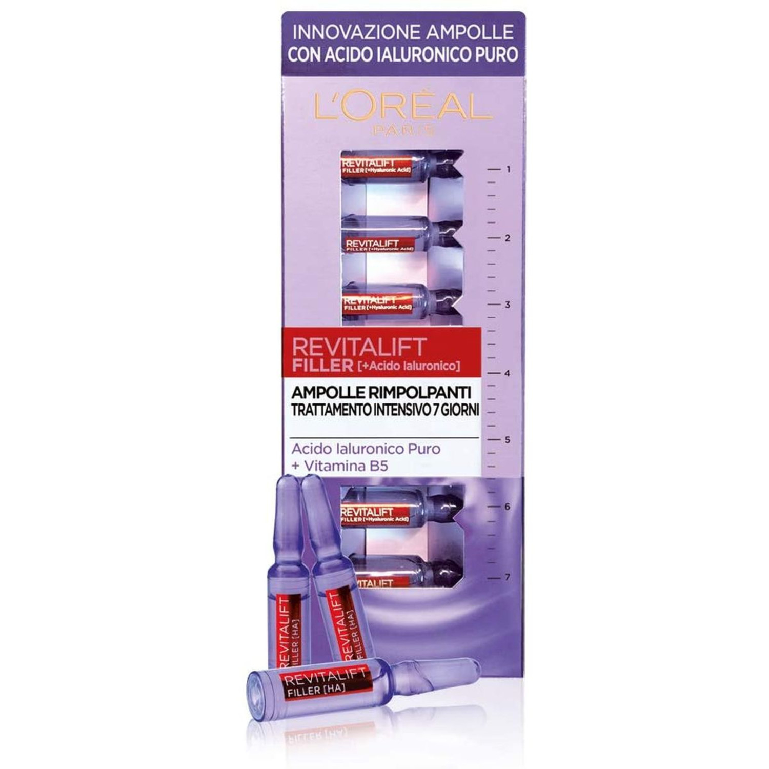 L'Oréal Paris Ampolle Rimpolpanti Revitalift Filler, Azione Antirughe, con Acido Ialuronico Puro 100% Concentrato e Vitamina B5, Trattamento Intensivo 7 Giorni, 7x1 ml