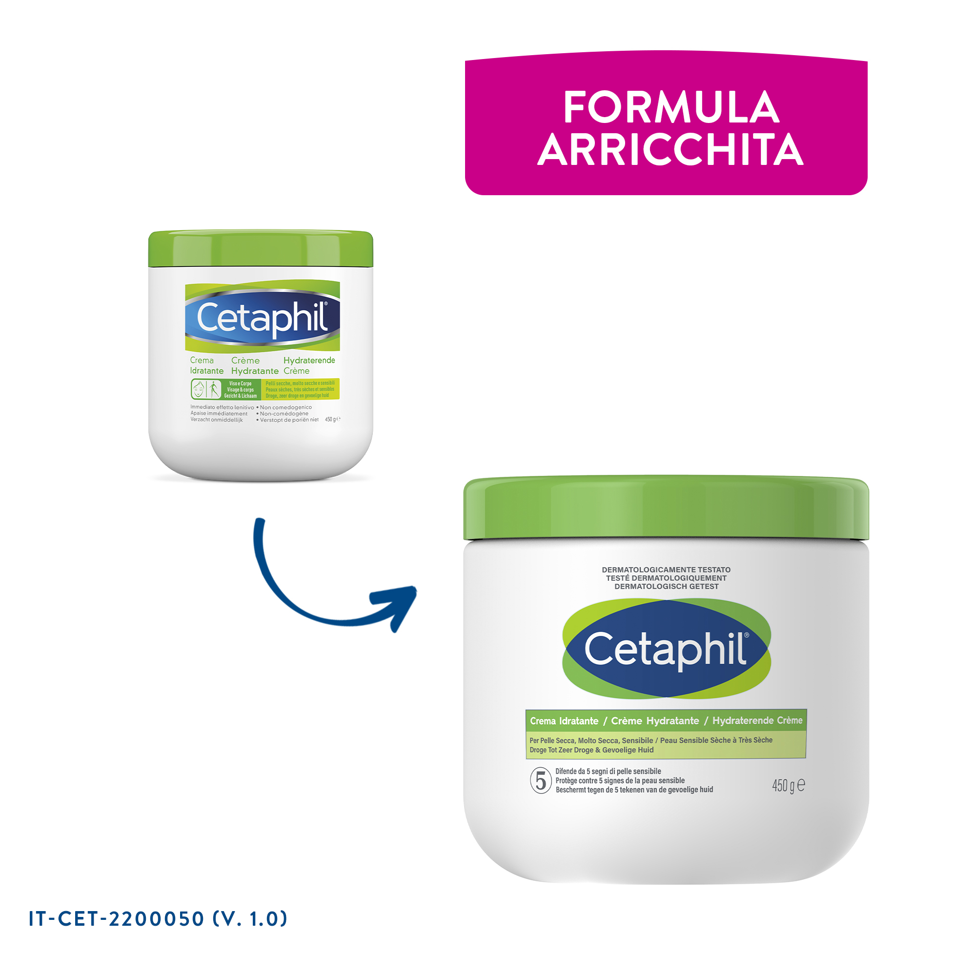 Cetaphil Crema Idratante Viso e Corpo, per Pelle Secca, Sensibile e Danneggiata, Idrata Fino a 48 Ore, Effetto Lenitivo, Senza Profumo, Formato 450g