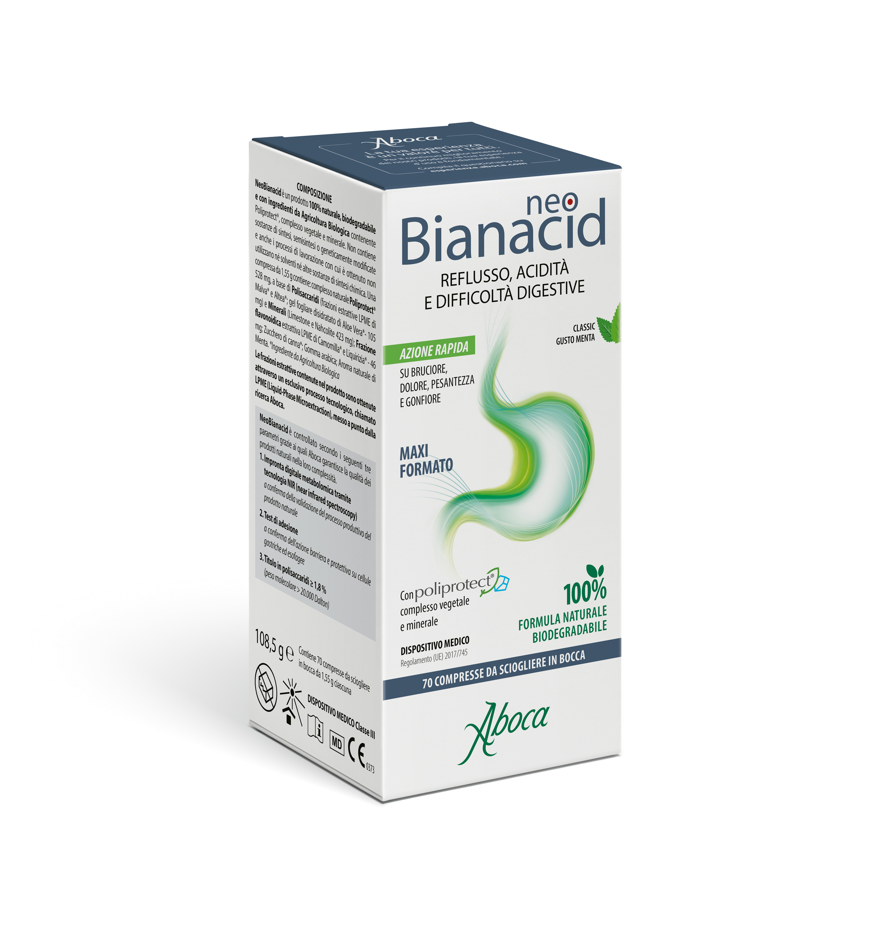 Aboca - NeoBianacid 70 Compresse Gusto Menta Per Reflusso, Acidità E Difficoltà Digestive - Dispositivo Medico Classe III