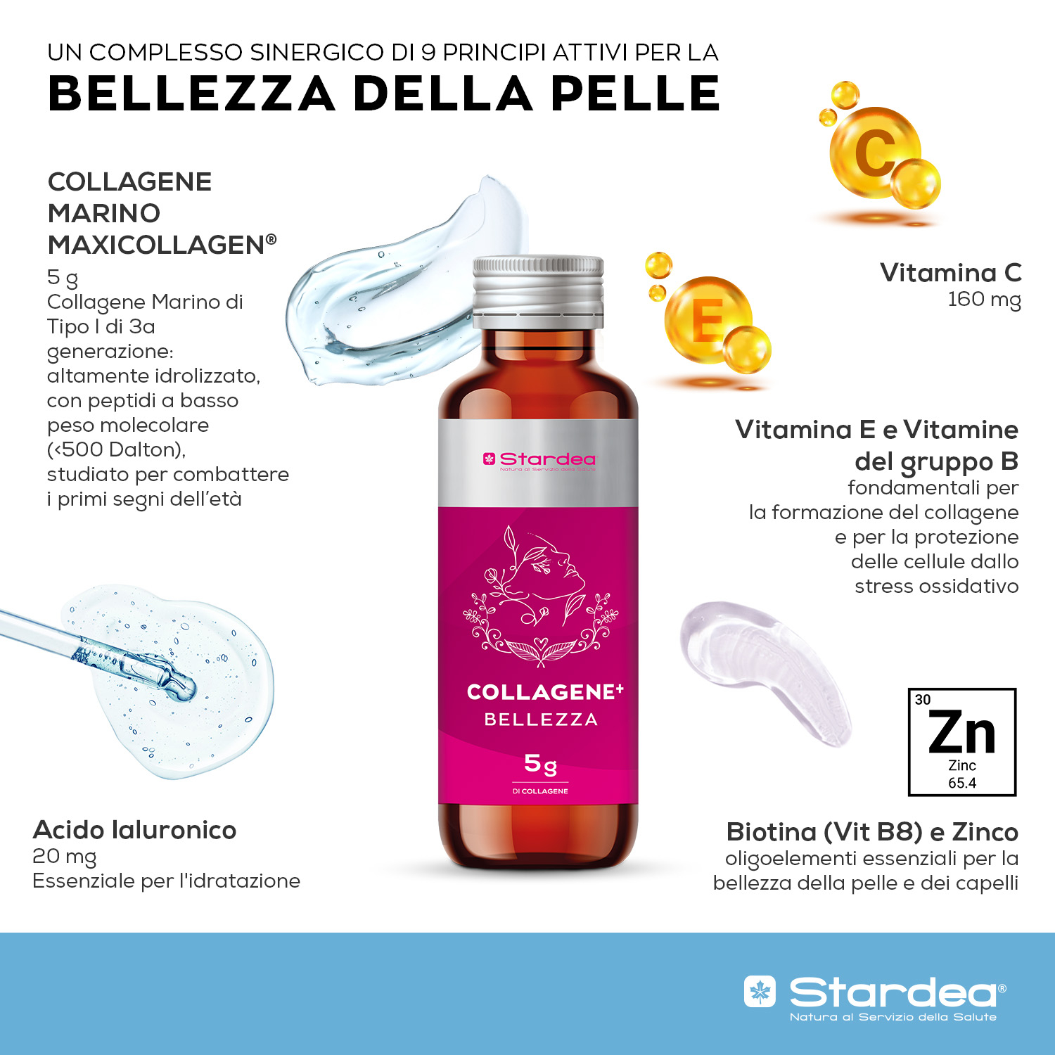 STARDEA COLLAGENE + BELLEZZA SHOT DA BERE - Integratore da bere a base di 5g di collagene Marino di tipo 1 e Acido Ialuronico - 8 shots da 50 ml