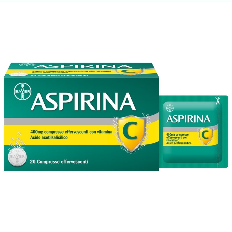 Aspirina C, contro sintomi di Raffreddore, Influenza e Febbre, 400 mg di Acido Acetilsalicilico + 240 mg di Vitamina C, antinfiammatorio e analgesico, 20 Compresse Effervescenti