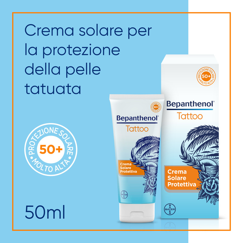 Bepanthenol Tattoo Crema Protezione Solare Molto Alta SPF50+ per Tatuaggio, con Pantenolo, Protegge, Idrata e Rigenera la Pelle Tatuata, 50ml