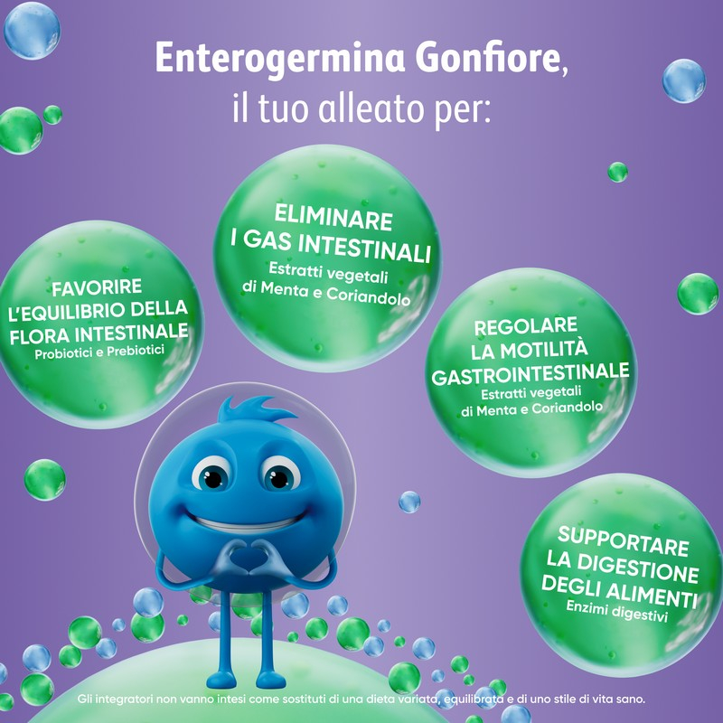 Enterogermina Gonfiore 10 bustine, Integratore Alimentare con Probiotici, Enzimi Digestivi e Fermenti Lattici per Adulti Contro Gonfiore Addominale, Gusto Pesca