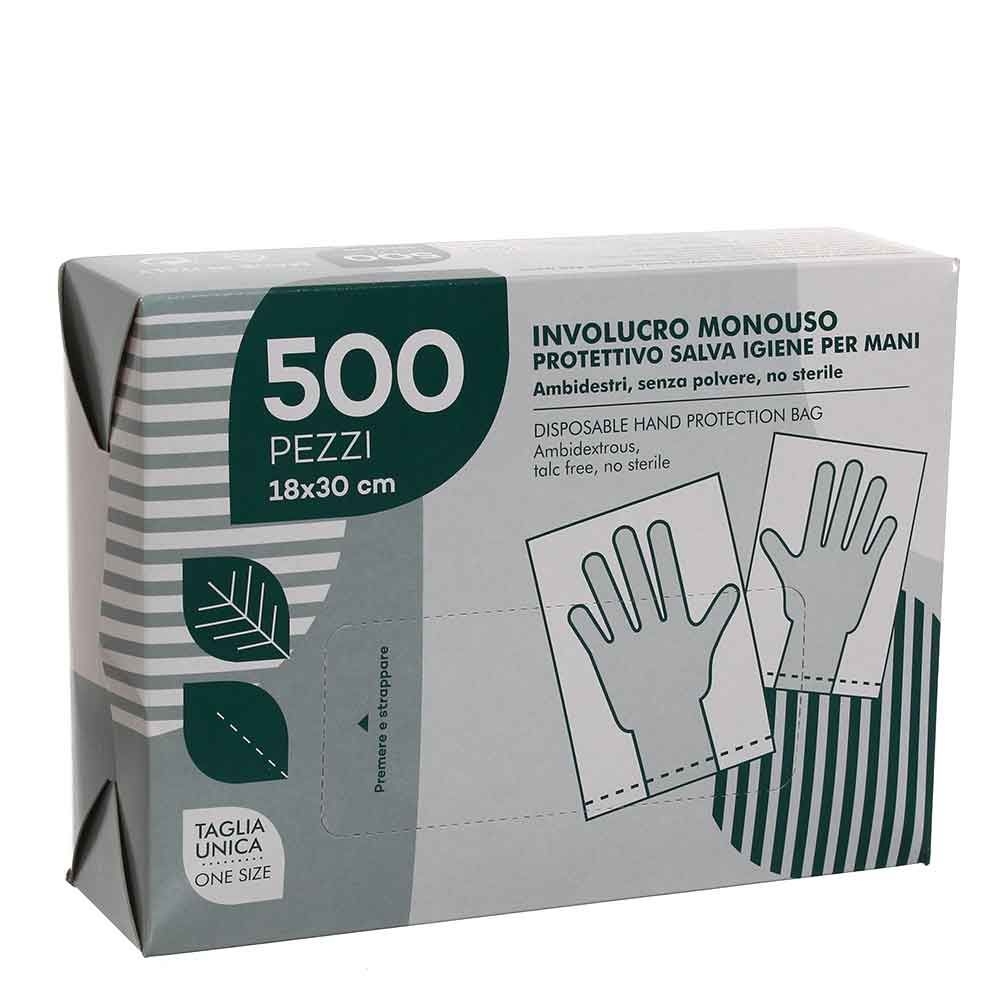 INVOLUCRO MONOUSO PROTETTIVO SALVA IGIENE PER MANI 500 PEZZI 18X30 Guanti a sacchetto