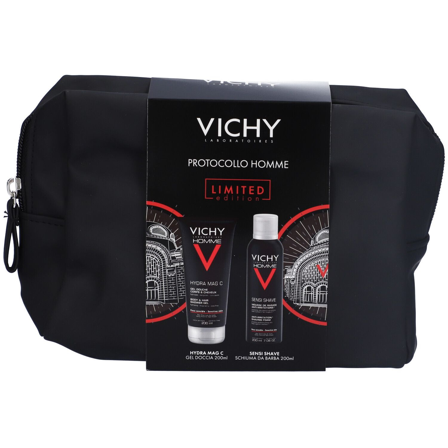 Vichy Cofanetto Pochette Regalo Uomo Hydra Mag C Gel Doccia 200ml + Sensi Shave Schiuma da Barba 200ml