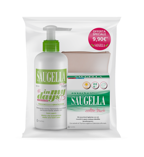 SAUGELLA IN MY DAYS kit promo - saugella you fresh + assorbenti saugella giorno 14 pezzi + porta assorbenti