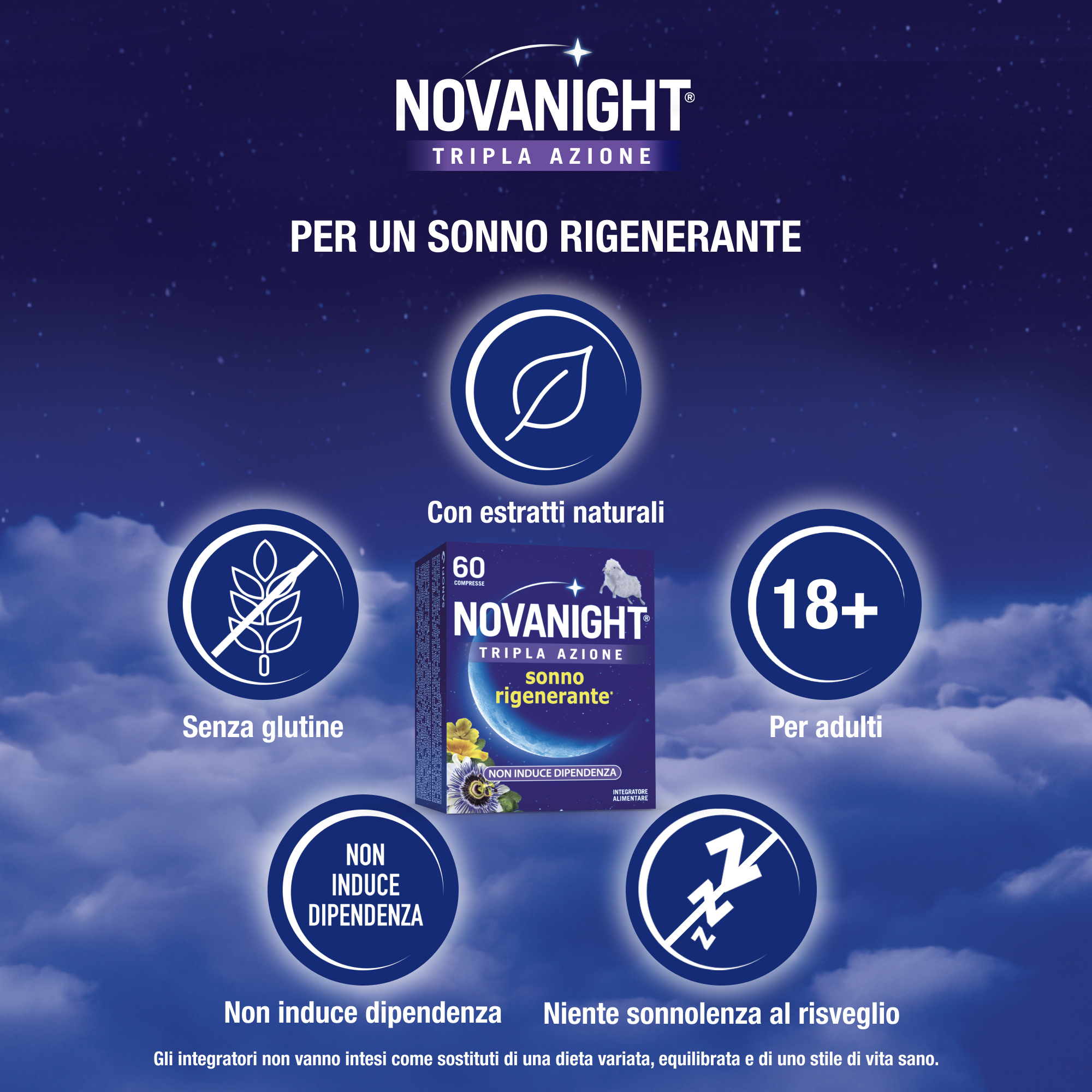 NOVANIGHT Tripla Azione Sonno Rigenerante, Integratore Alimentare con Melissa e Melatonina per Dormire, Senza Glutine, 60 Compresse, Non Induce Dipendenza