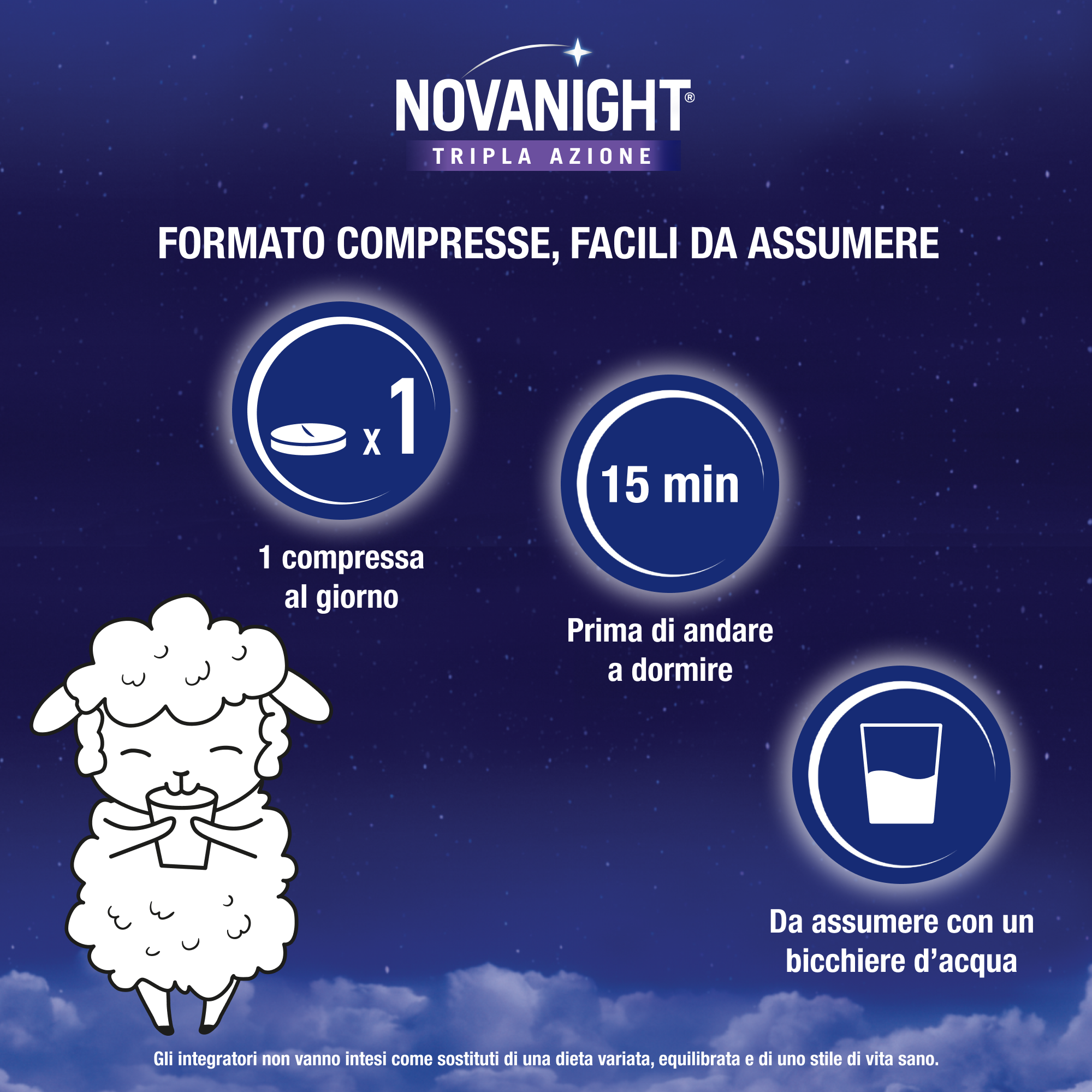 NOVANIGHT Tripla Azione Sonno Rigenerante, Integratore Alimentare con Melissa e Melatonina per Dormire, Senza Glutine, 30 Compresse, Non Induce Dipendenza