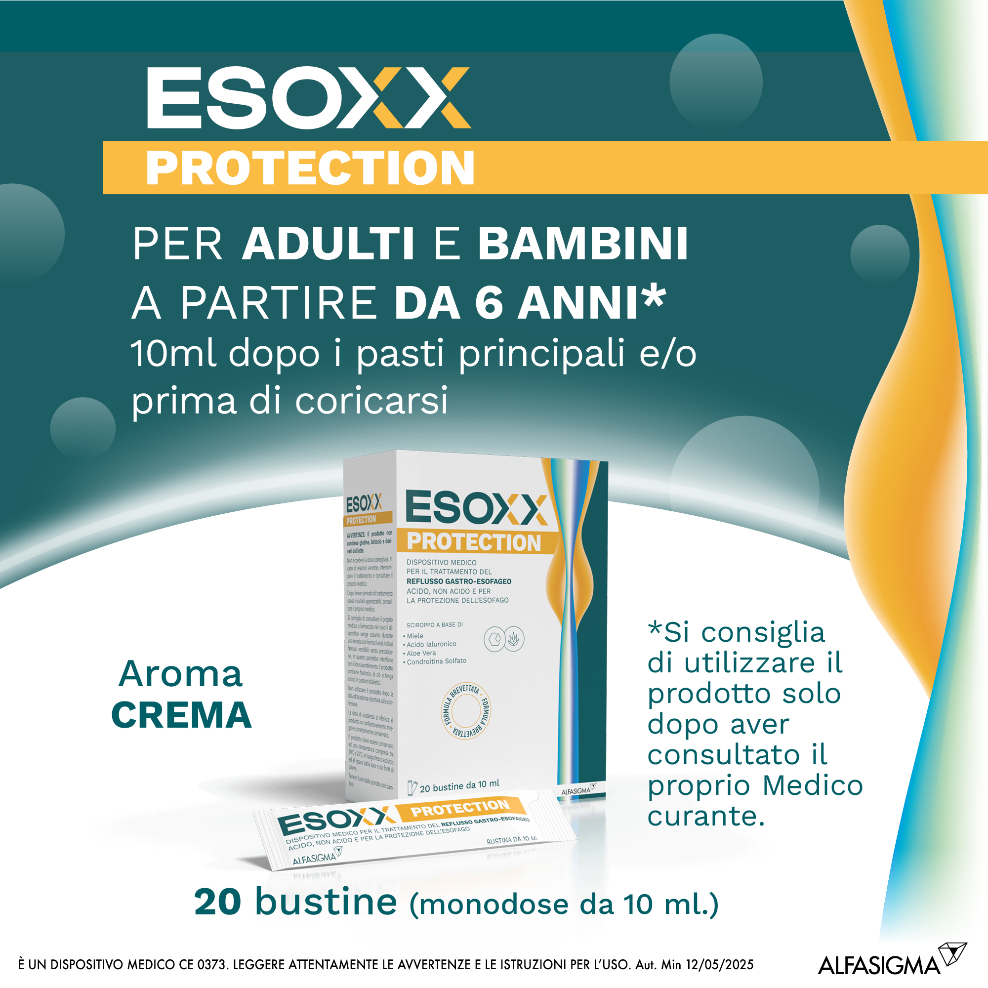 Esoxx Protection -  Dispositivo medico per sintomi da reflusso gastroesofageo, utile in caso di bruciore di stomaco -  20 bustine da 10ml
