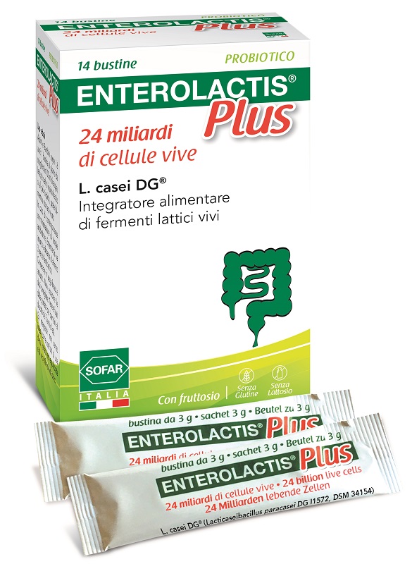 Enterolactis Plus Bustine, Integratore Alimentare con Fermenti lattici, probiotici L,Casei DG, 24 Miliardi Cellule Vive, Con Fruttosio, Senza Glutine e Lattosio, 14 Bustine da Sciogliere in Acqua