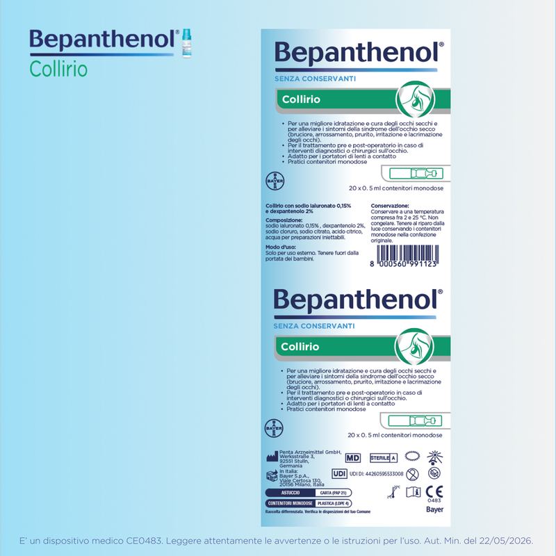 Bepanthenol Collirio 20 Fiale Da 0,5 ml - Trattamento Idratante Per Occhi Secchi