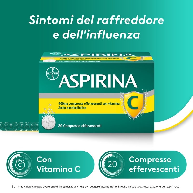 Aspirina C, contro sintomi di Raffreddore, Influenza e Febbre, 400 mg di Acido Acetilsalicilico + 240 mg di Vitamina C, antinfiammatorio e analgesico, 20 Compresse Effervescenti