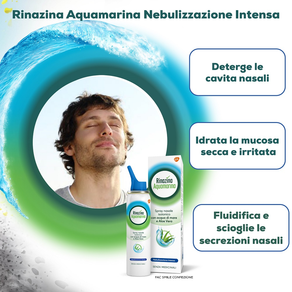 Rinazina Aquamarina Spray Nasale Isotonico Intenso Lavaggio Nasale Acqua di Mare e Aloe Vera 100 ml
