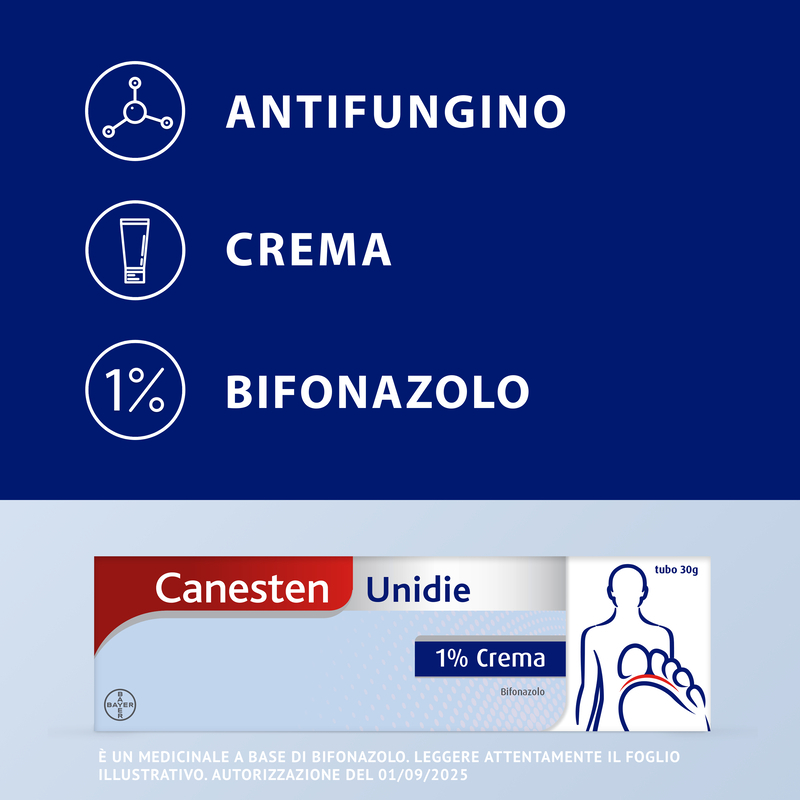 Canesten Unidie Crema Trattamento Funghi, Micosi, Piede d'Atleta, a base di Bifonazolo 1%, con azione Antifungina e Antimicotica, Tubo da 30 gr
