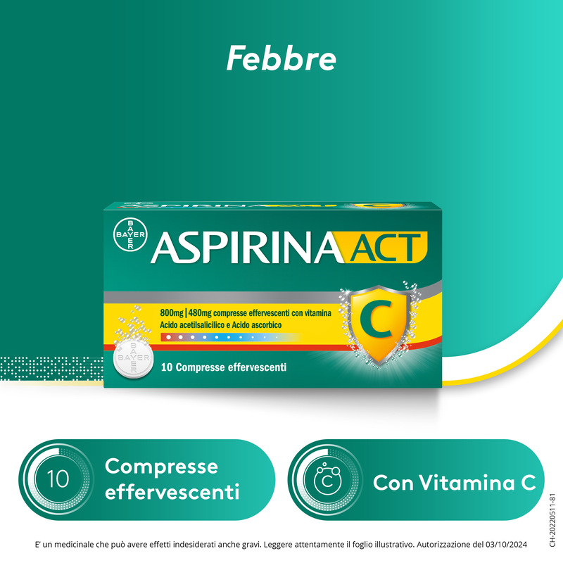 Aspirina ACT C antinfiammatorio e antidolorifico per Febbre e Sintomi Influenzali con Vitamina C 10 Compresse Effervescenti 