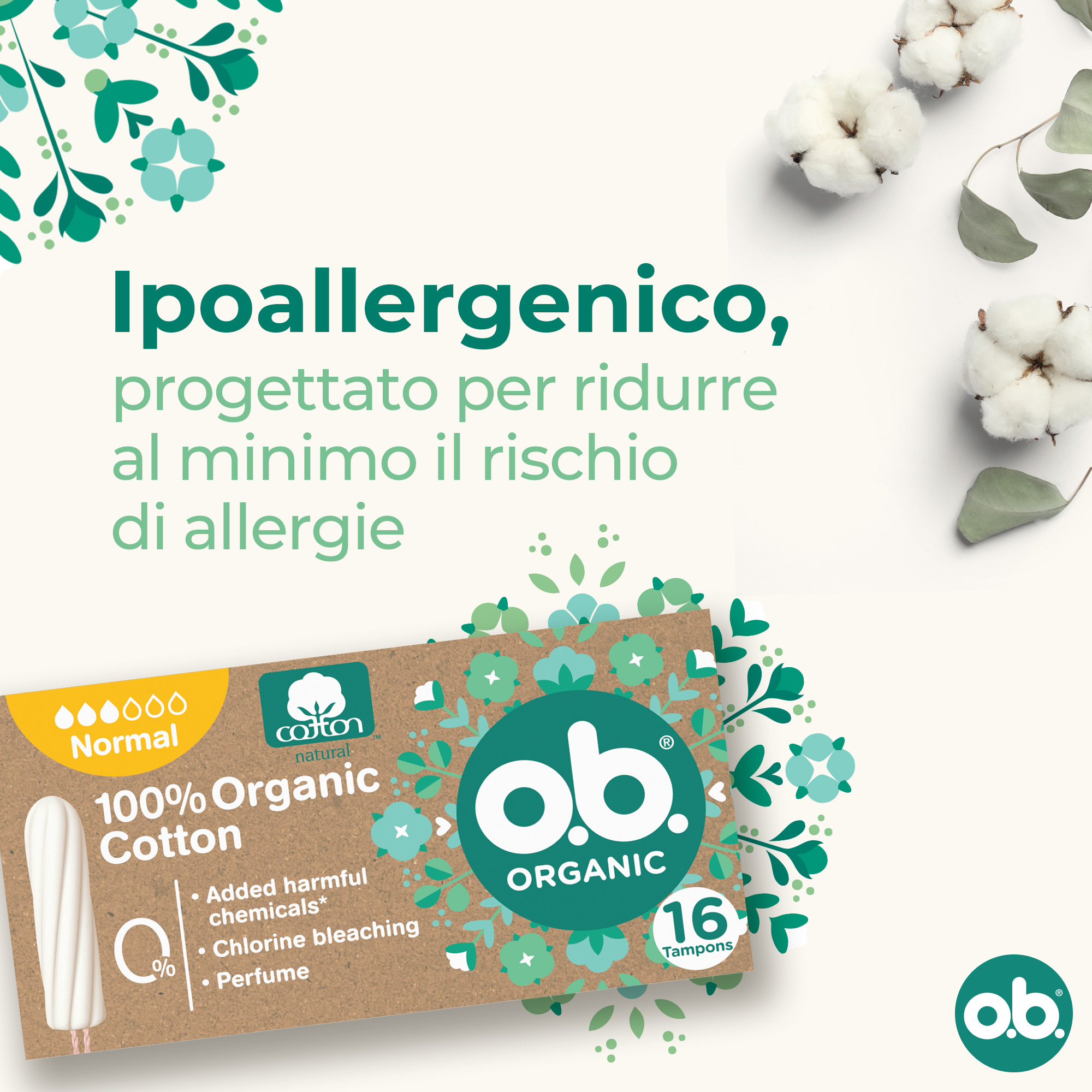 o.b. Assorbenti Interni Organic Normal 100% Cottone Biologico per flusso normale 16 tamponi