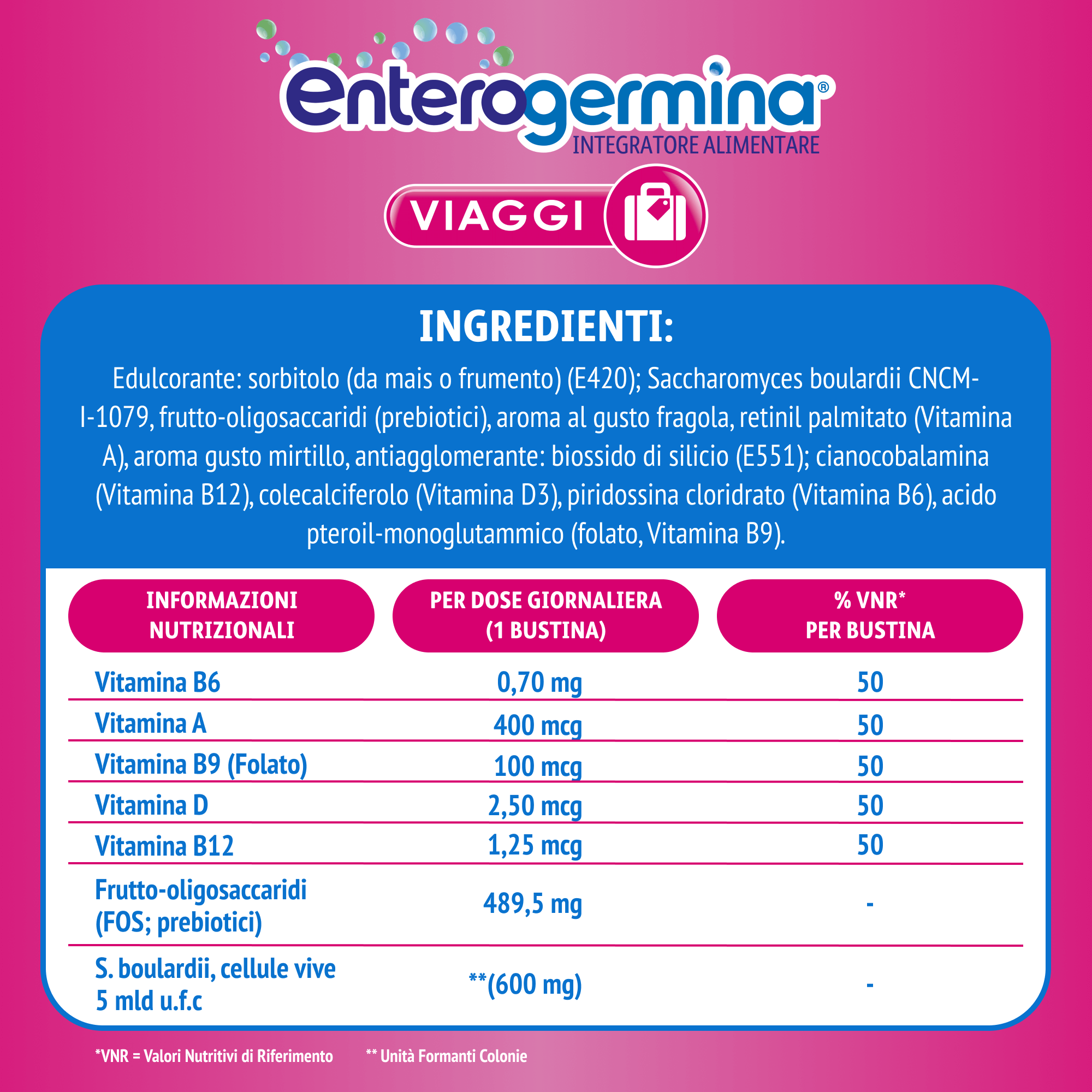 Enterogermina Viaggi, Integratore Alimentare per Regolarità Intestinale con Probiotici e Vitamina A, B12, B6, B9 e Vitamina D, con edulcorante, Gusto Fragola - 12 BUSTINE