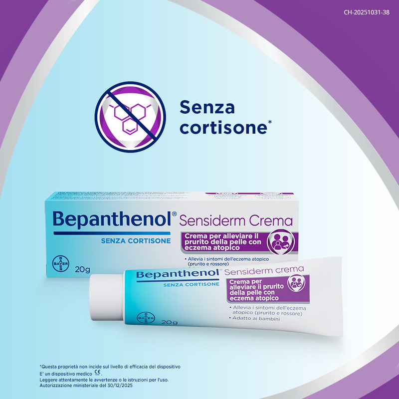 Bepanthenol Sensiderm Crema, per Pelle secca o irritata, Dermatite, Eczema, Reazioni allergiche, con Pantenolo, Senza Cortisone, Allevia Prurito e Arrossamento, Tubo da 20g