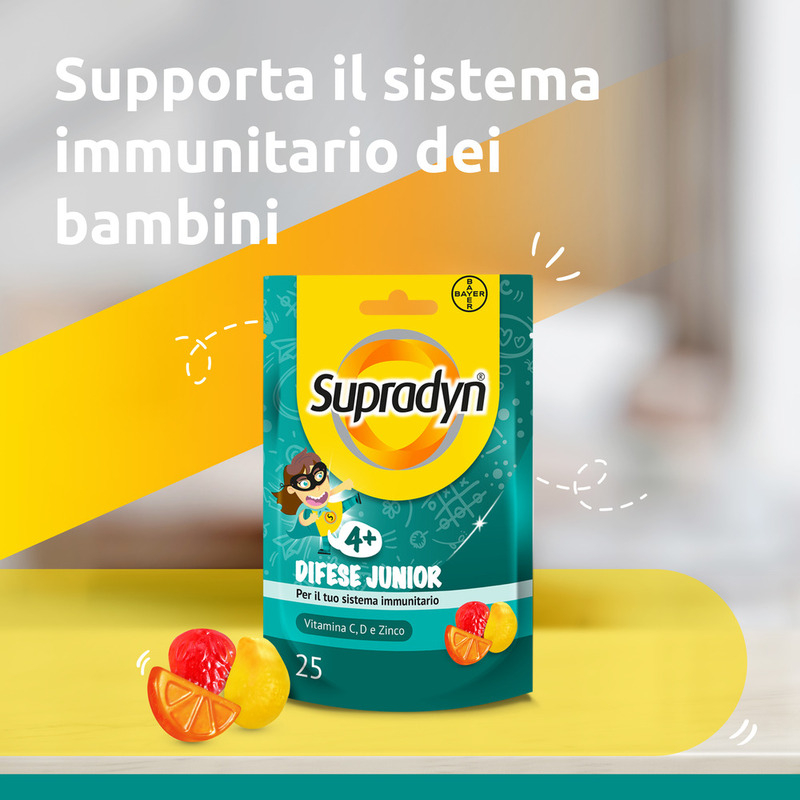 Supradyn Difese Junior Integratore Multivitaminico con Vitamina C, D e Zinco  per le Difese Immunitarie dei Bambini, Gusto Arancia, Fragola e Papaya, 25 Caramelle Gommose 