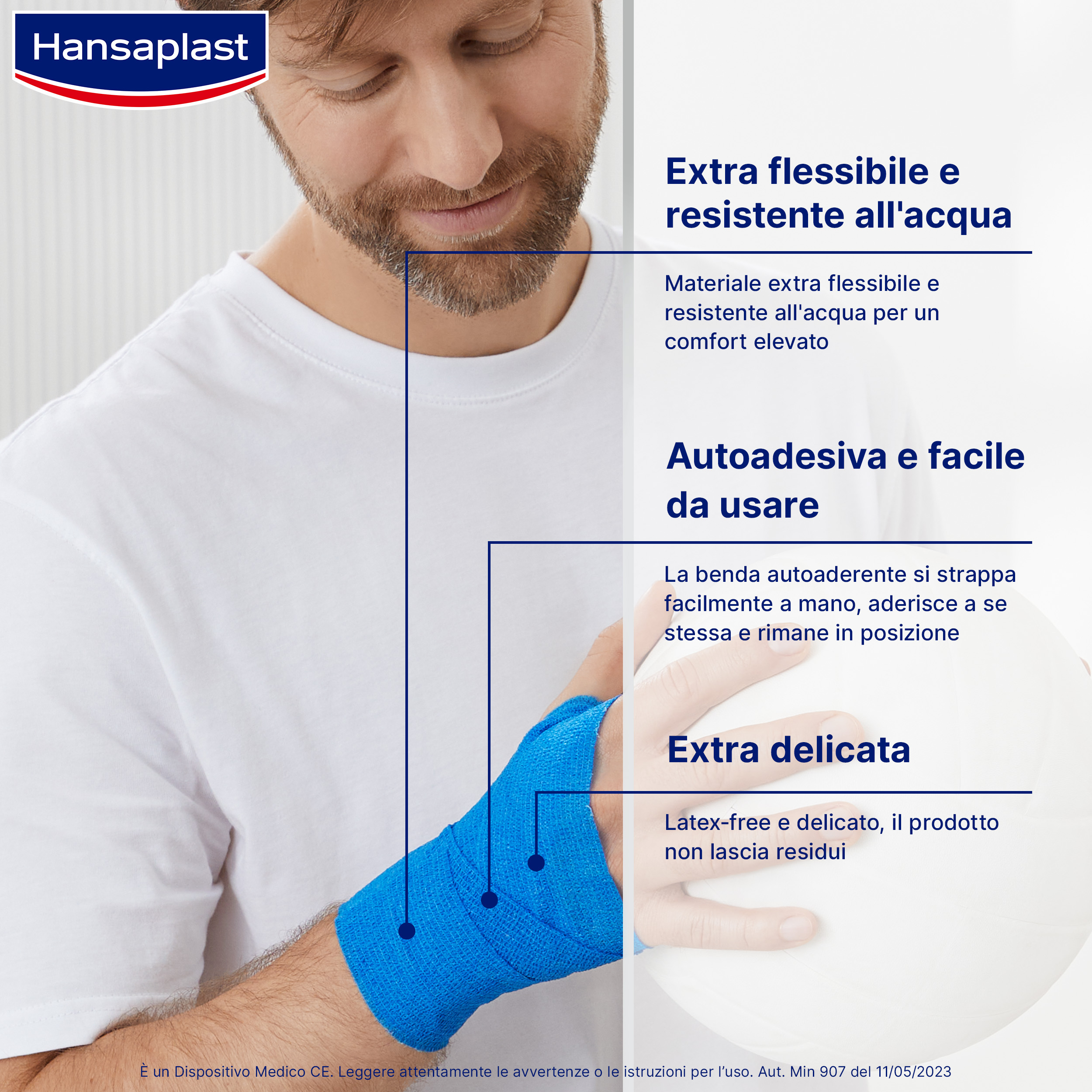Hansaplast Benda Autoadesiva Blu 4m x 6cm, Tape flessibile per il fissaggio di bende e compresse