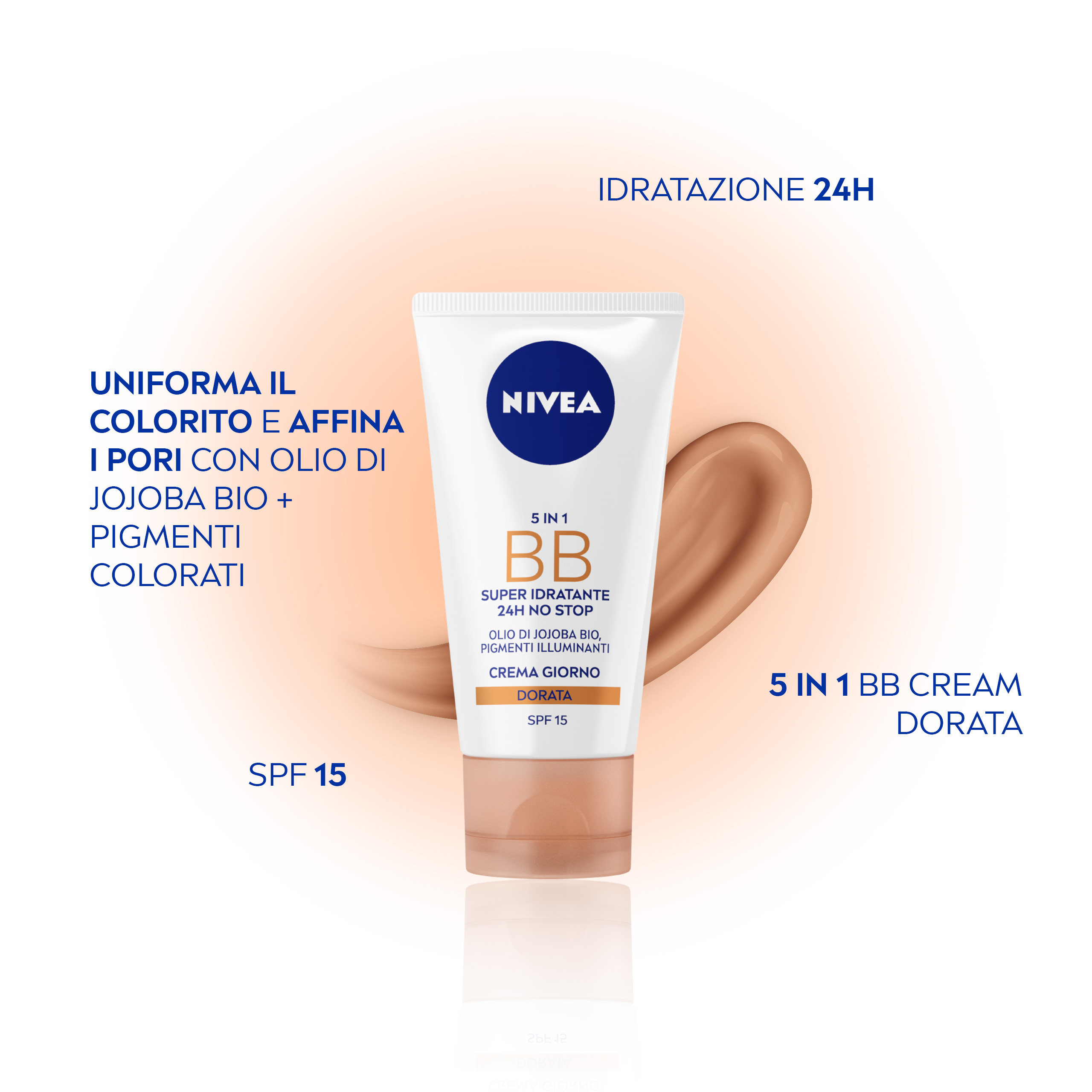 Nivea 5 in 1 BB Cream Super Idratante 24H No Stop Dorata 50 ml, Crema viso colorata con SPF15