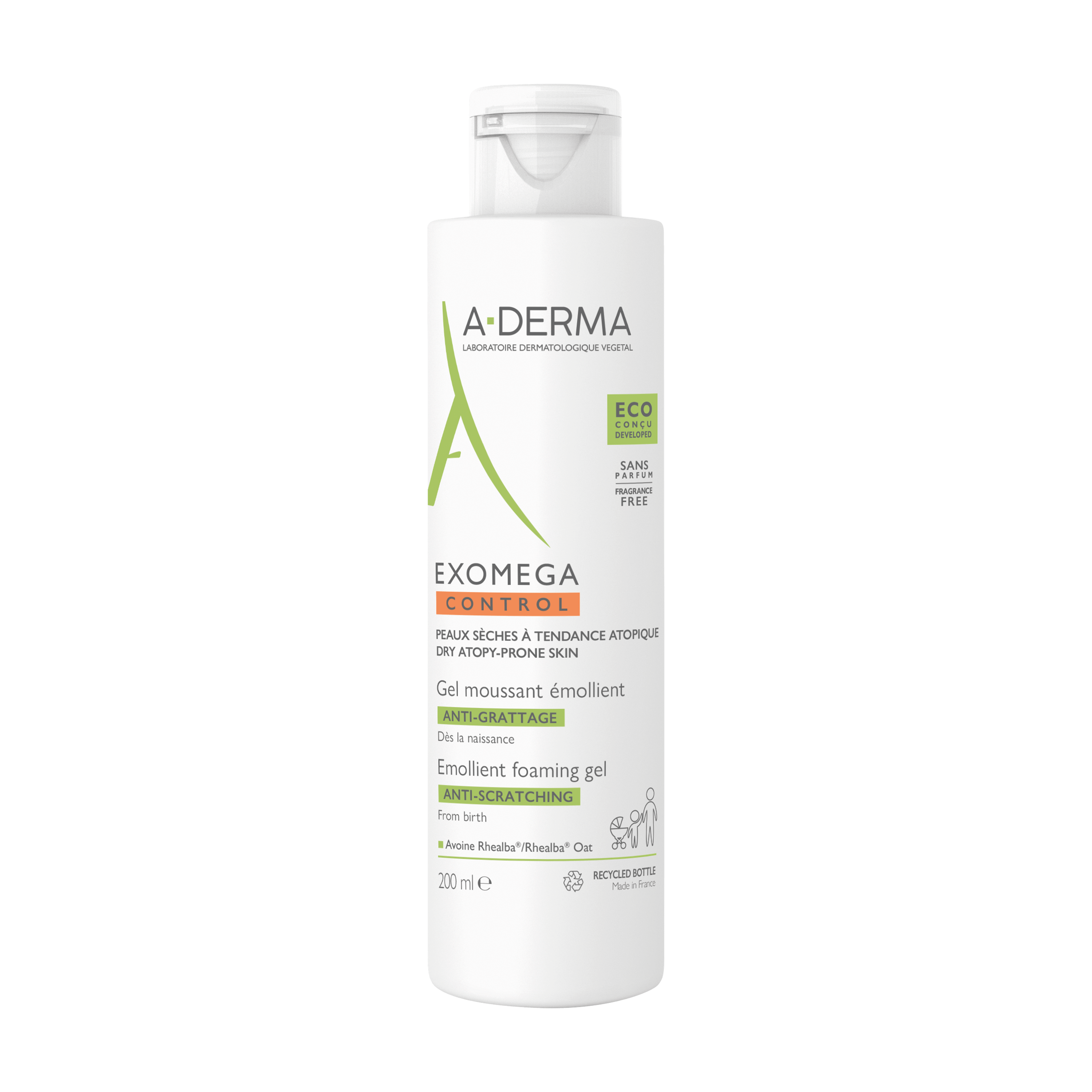 A-Derma Exomega Control Gel Detergente Emolliente, Lenisce la sensazione di prurito, Pelle secca a tendenza atopica, Senza profumo, 200ml