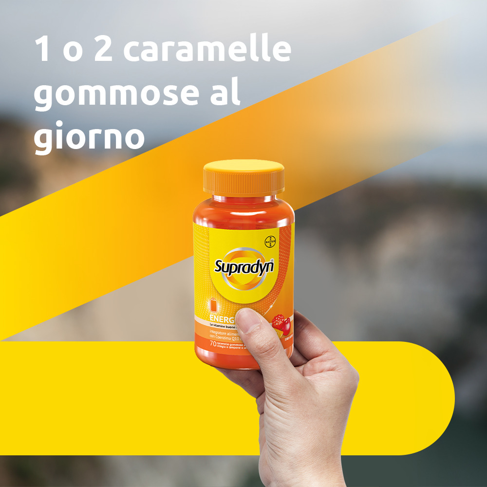 Supradyn Energy Integratore Multivitaminico con Vitamine A, B, C, D, E e Coenzima Q10  contro la Stanchezza, Gusto Ciliegia, Lampone e Arancia, 70 Caramelle Gommose