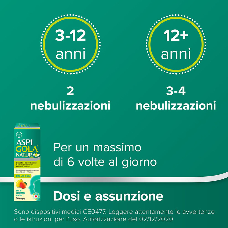 Aspi Gola Natura Spray, con estratti naturali di Aloe, Acido Ialuronico e Lichene Islandico, contro Mal di Gola e Tosse associata, Gusto Albicocca e Limone Flacone da 20ml