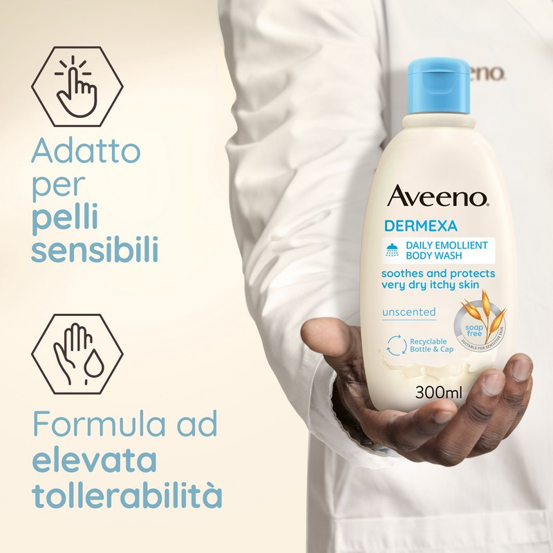 Aveeno Dermexa Bagnodoccia Lenitivo per Pelle Secca e con Prurito, adatto per pelle con tendenza atopica e soggetta a eczema, Formula Vegana, Senza Sapone 300 ml